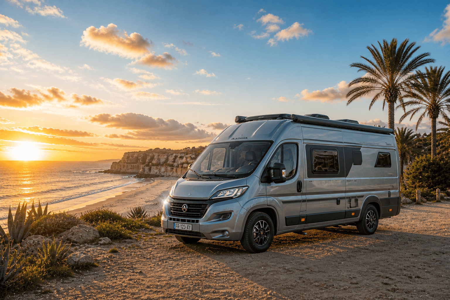 Camper Adria en la playa al atardecer