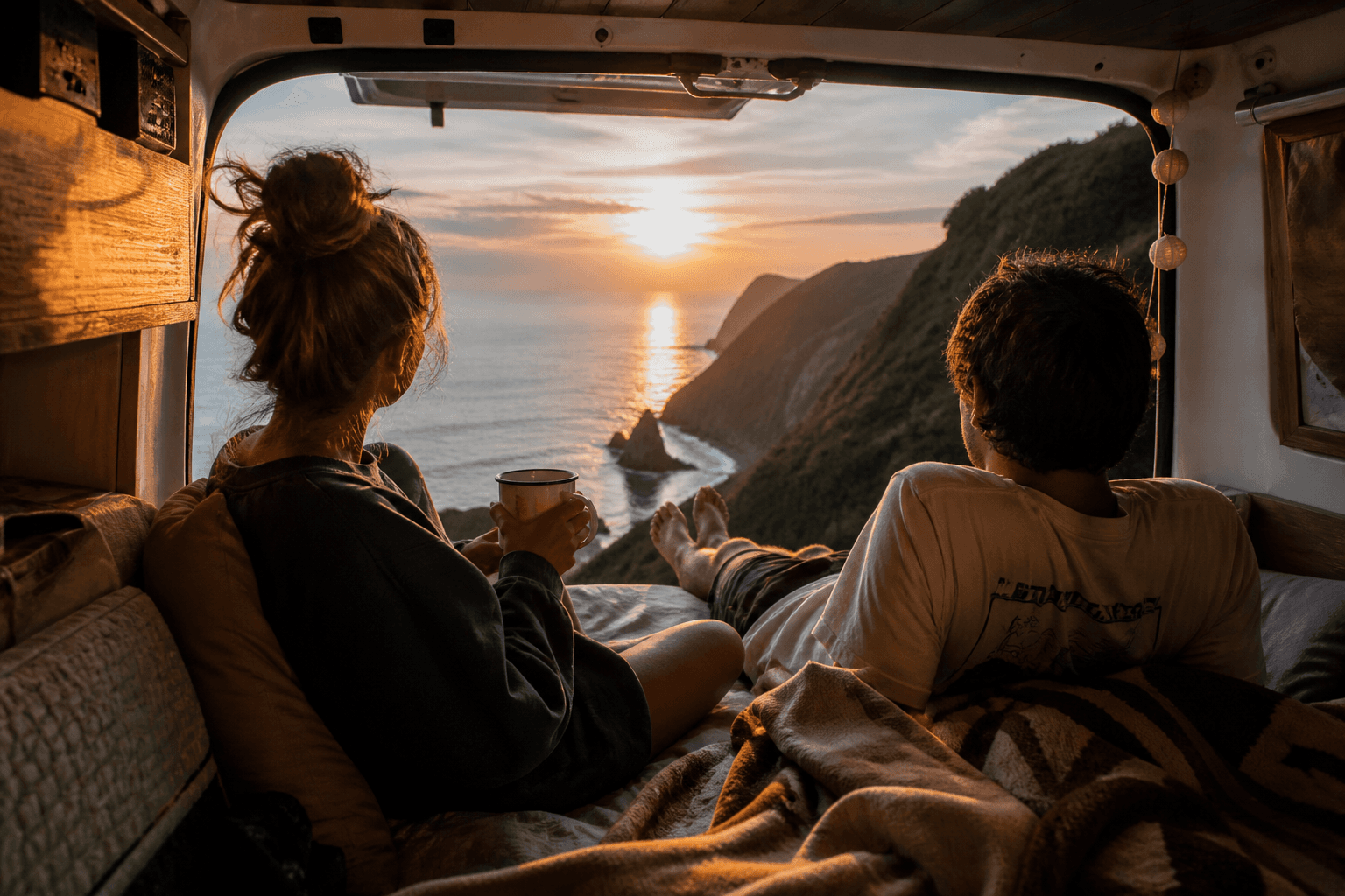 Pareja viajando en camper al atardecer frente a los acantilados